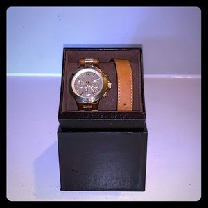 MK cognac leather chronograph double wrap watch